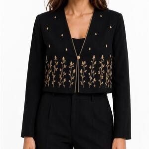 Vintage DJ & Co Black Gold Floral Embroidered Bolero Jacket 14 USA Made retro